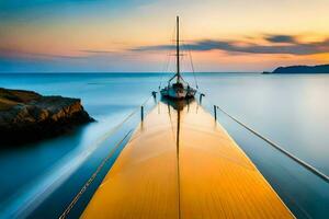 un barco es atracado a el final de un muelle a puesta de sol. generado por ai foto