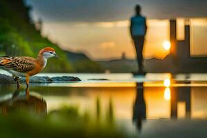 a bird is standing on the shore of a lake at sunset. AI-Generated photo