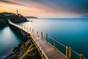 a wooden pier stretches out into the ocean at sunset. AI-Generated photo