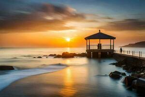 un Kiosko en el playa a puesta de sol. generado por ai foto