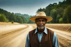 a man wearing a hat stands in the middle of a dirt road. AI-Generated photo