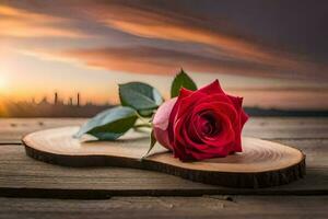 a red rose sits on a wooden plank with a sunset in the background. AI-Generated photo