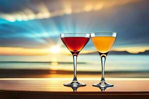 two glasses of wine on a table in front of the ocean. AI-Generated photo