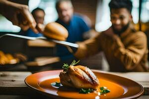 un hombre es participación un cuchillo y tenedor terminado un pedazo de pollo. generado por ai foto