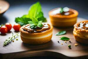 Tres mini pasteles de queso en un de madera corte tablero. generado por ai foto