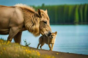un caballo y un perro en pie siguiente a un lago. generado por ai foto