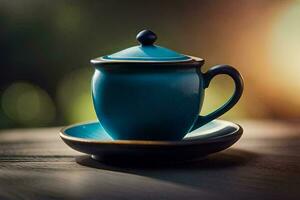 a blue cup and saucer on a wooden table. AI-Generated photo