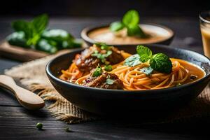 spaghetti with meatballs and sauce in a bowl. AI-Generated photo