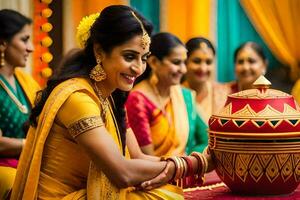 a woman in yellow sari holding a pot. AI-Generated photo