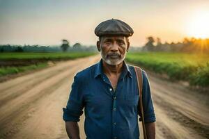 an old man standing on a dirt road with a hat on. AI-Generated photo