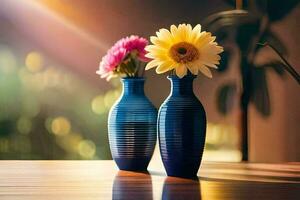 two blue vases with flowers on a table. AI-Generated photo