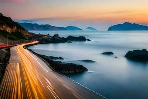 a long exposure photograph of a road and ocean at sunset. AI-Generated photo