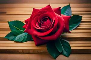 a red rose is on a wooden surface. AI-Generated photo