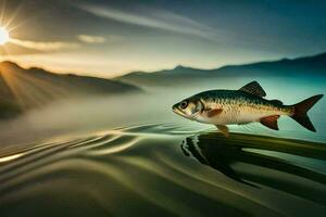 a fish is floating on the water in front of a mountain. AI-Generated photo