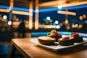 a plate of desserts on a table in front of a city skyline. AI-Generated photo