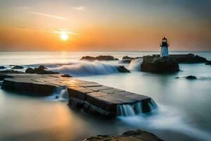 un faro se sienta en el rocas a puesta de sol. generado por ai foto