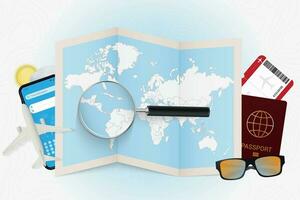 Travel destination Panama, tourism mockup with travel equipment and world map with magnifying glass on a Panama. vector
