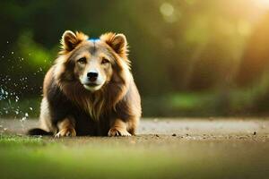 a dog is sitting on the ground in the sun. AI-Generated photo