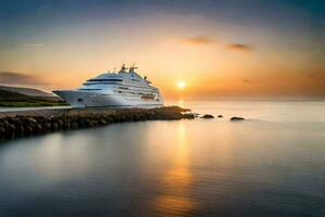 un lujo crucero Embarcacion atracado a el puerto. generado por ai foto