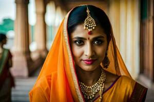 beautiful indian bride in orange sari. AI-Generated photo