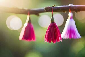 three pink flowers hanging from a branch. AI-Generated photo