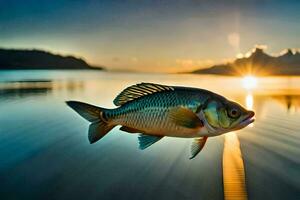 a fish is floating in the water at sunset. AI-Generated photo