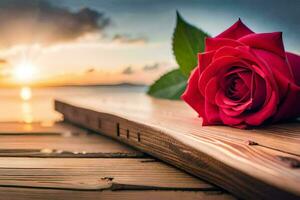 a red rose sits on a wooden table in front of the sunset. AI-Generated photo