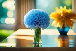 blue flowers in a vase on a table. AI-Generated photo