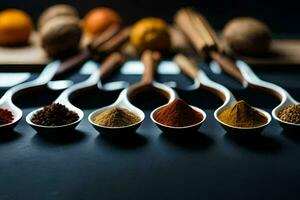 spoons with different spices and spices on a black background. AI-Generated photo