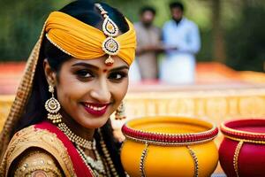 a beautiful indian bride in traditional attire holding two pots. AI-Generated photo