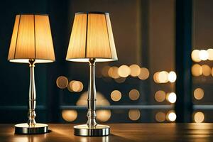 two lamps on a table in front of a window. AI-Generated photo
