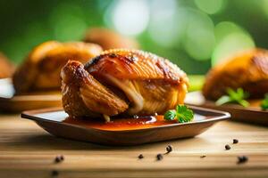 chicken wings on a plate with sauce. AI-Generated photo