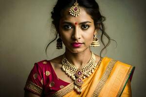 a beautiful indian woman wearing jewelry and a sari. AI-Generated photo