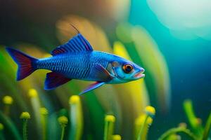 a blue fish swimming in an aquarium. AI-Generated photo