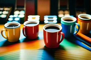 a row of colorful coffee cups on a table. AI-Generated photo