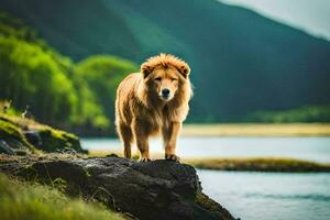 a lion standing on a rock by a river. AI-Generated photo