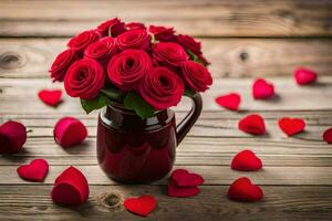 bouquet of red roses on a wooden table. AI-Generated photo