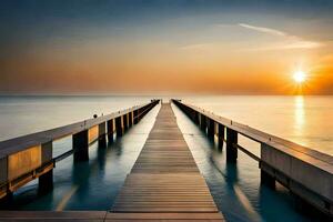 a long wooden pier leads to the ocean at sunset. AI-Generated photo