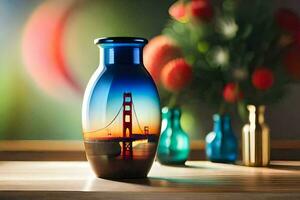 a vase with a golden gate bridge in the background. AI-Generated photo