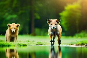 two foxes walking across a pond in the forest. AI-Generated photo