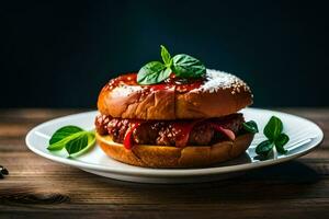 a hamburger with a bun and sauce on a plate. AI-Generated photo