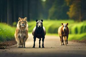 Tres caballos y un león caminando abajo un la carretera. generado por ai foto