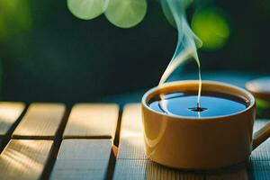 a cup of coffee on a wooden table. AI-Generated photo