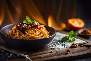 spaghetti with meat and spices in a bowl. AI-Generated photo