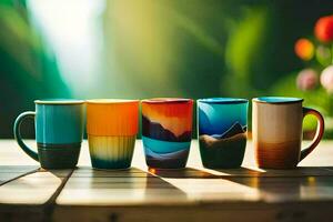 five colorful mugs sitting on a wooden table. AI-Generated photo