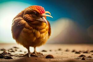 a small chicken with a red head standing on the ground. AI-Generated photo