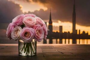 pink roses in a vase on a wooden table with a city skyline in the background. AI-Generated photo