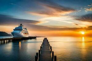 el crucero Embarcacion es atracado a el final de un muelle. generado por ai foto