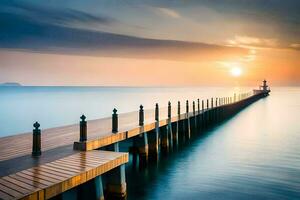 a pier with a lighthouse at sunset. AI-Generated photo