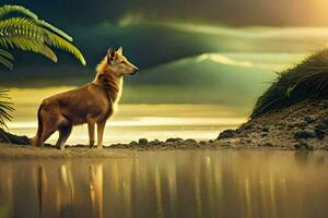 a dog standing on the shore of a lake. AI-Generated photo